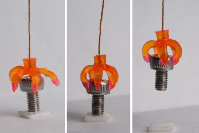 In this series, a 3-D printed multimaterial shape-memory minigripper, consisting of shape-memory hinges and adaptive touching tips, grasps a cap screw. (Image courtesy of Qi (Kevin) Ge.)