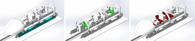 Location of the levitation system (blue), lateral control system (green) and braking system (red) inside MIT’s pod design. (Image courtesy of MIT Hyperloop Team.)