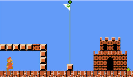 Mario nearing the finish point (flagpole) of a level in Super Mario Bros. (Image courtesy of Theoretical Computer Science.)