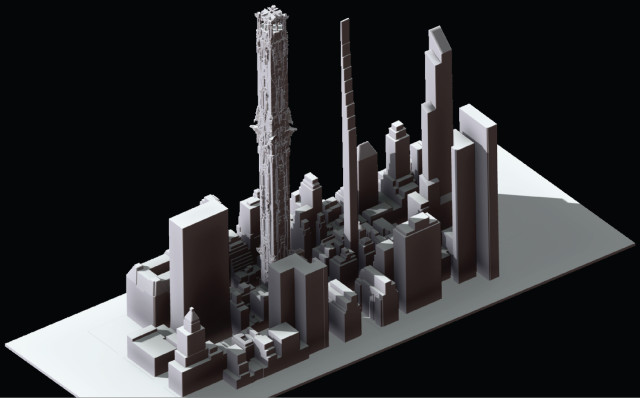 The tower's high level of detail is evident when compared to its neighbors in this rendering. (Image courtesy of Mark Foster Gage Architects.)