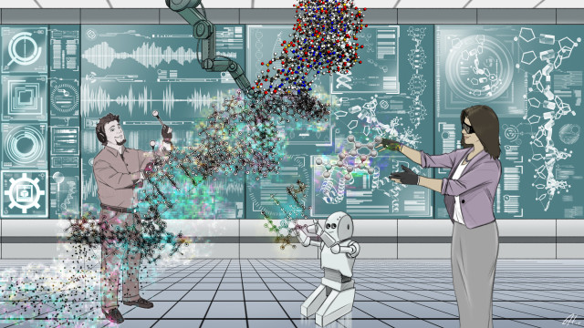 Imagine a Biochemist working with a social robot, collaborating to create new forms of synthetic life. Robotic arms print a DNA helix While a remote musician plays scales on the emerging base-pair xylophone, adding transdisciplinary perspective to the evolution of future life. (Image courtesy of NYU-X Lab.)