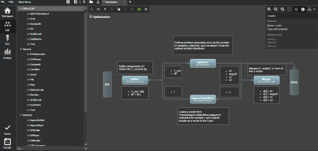 The pSeven graphical interface gives engineers the ability to drag and drop blocks and macros that connect and control third-party CAD/CAE software and arrange them into a workflow. The software will determine the best way to optimize the output of the workflow. (Image courtesy of DATADVANCE.)