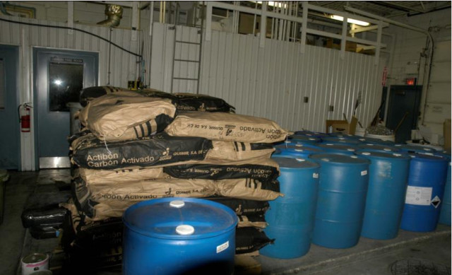 Approximately one month’s supply of chemicals for the water treatment plant at Saddle Lake. (Image courtesy of the Safe Drinking Water Foundation.)