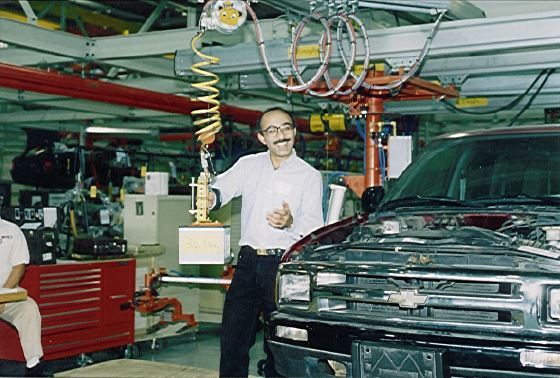 A Z-Lift Assist developed by UC, Berkely is tested at a GM plant. (Image courtesy Prasad Akella.)