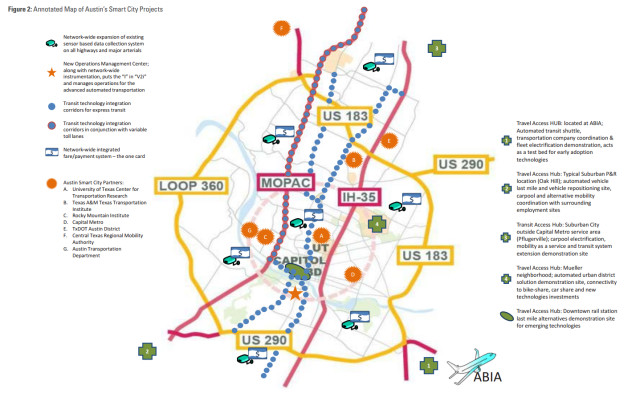 An annotated map of Austin's proposed Smart City projects. (Image courtesy of the City of Austin.)