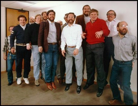 Autodesk’s “flying founders.” From left to right: Rudolf Künzli, Mike Ford, Dan Drake, Mauri Laitinen, Greg Lutz, David Kalish, Lars Moureau, Richard Handyside, Kern Sibbald, Hal Royaltey, Duff Kurland, John Walker, Keith Marcelius. (Image courtesy of Shaan Hurley, Between the Lines.)