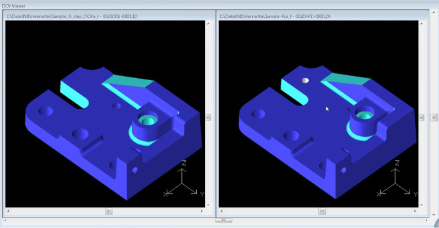 The cyan faces are matched. The blue faces are proposed matches.DCV found the extra added hole (white face) because it didn’t match anything in the new file.