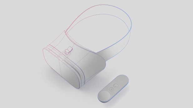 Drawings of Google’s Project Daydream viewer and controller, which acts as a laser pointer rather than a grabbing mechanism. (Image courtesy of Google.)