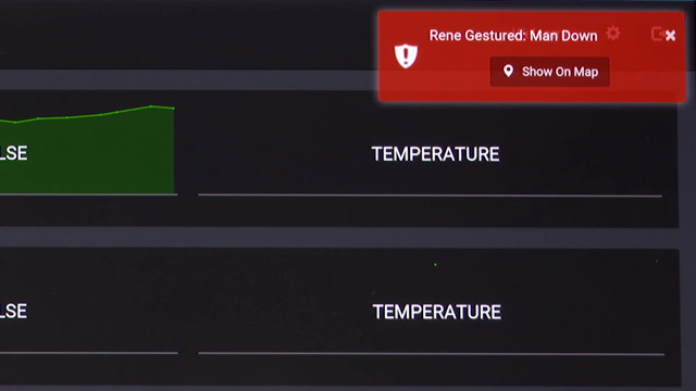 During a demonstration, the firefighter moves his arm in a gesture that the system recognizes, producing a “man down” notification on the Mobile Hub dashboard. The notification includes an option to show the person’s location on a map. (Images courtesy of Honeywell.)