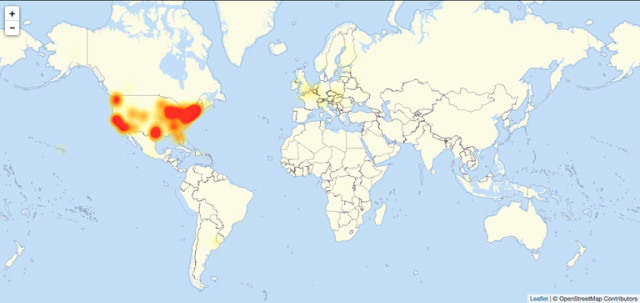A map of the regions hit hardest by the DDOS attack on Oct. 21, 2016. (Image courtesy of downdetector.com.)