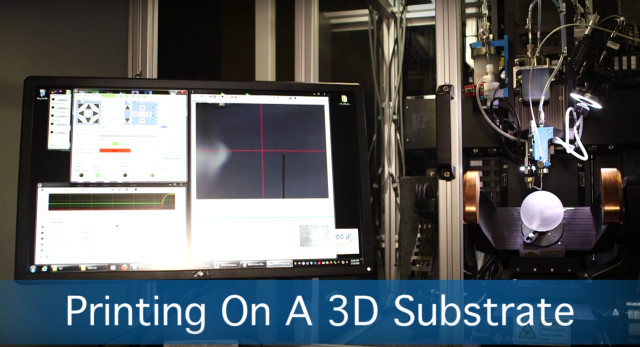 The Aerosol Jet 5X system is capable of 3D printing a variety of nanomaterials onto flat and 3D objects. (Image courtesy of Optomec/YouTube.)