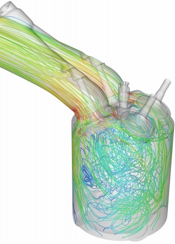 A CONVERGE simulation of the intake stroke of a four-valve gasoline engine. The fastest gas velocities are in red and the slowest are in blue. (Image courtesy of Convergent Science.)