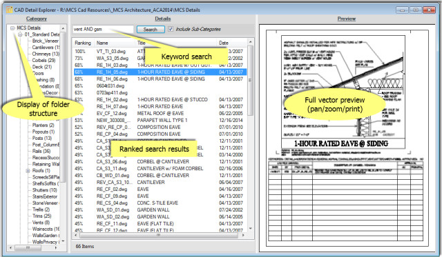 The user-friendly interface of CAD Detail Explorer is designed to eliminate time wasted searching for CAD details. (Image courtesy of Mill Creek Systems.)