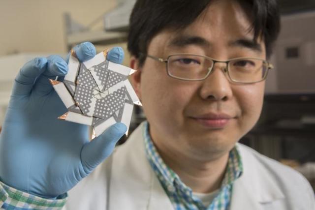 Choi showing the origami microbial fuel cell. (Image courtesy of Johnathan Cohen/Binghamton University.)