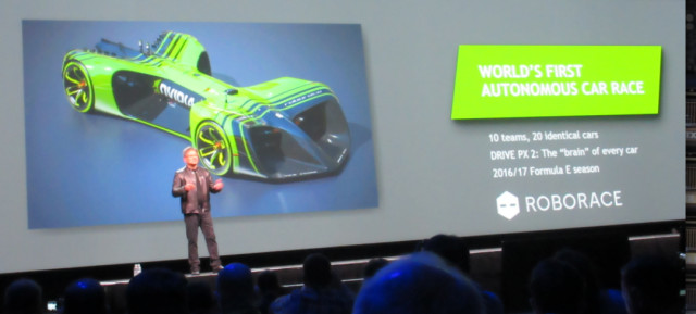 Figure 1- NVIDIA not content with autonomous passenger vehicle, shows a driverless race car at GTC 2016, its annual developers conference.