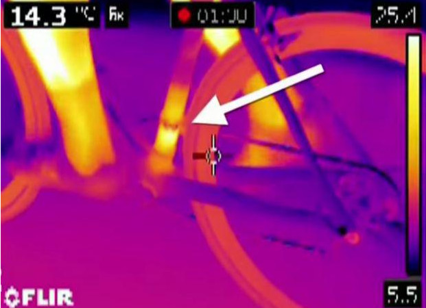 Figure 3-Caught---almost. Thermal imaging at bike race in March last year revealed heat in the exact area where a hidden motor would be. Neither the bike, rider or team were identified. Picture from road.cc.