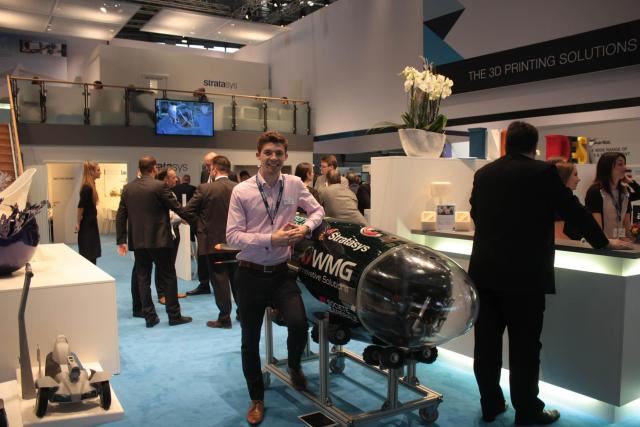 Team leader Josh Dobson stands with the Warwick team’s Godiva 2 submarine. (Image courtesy of Stratasys.)