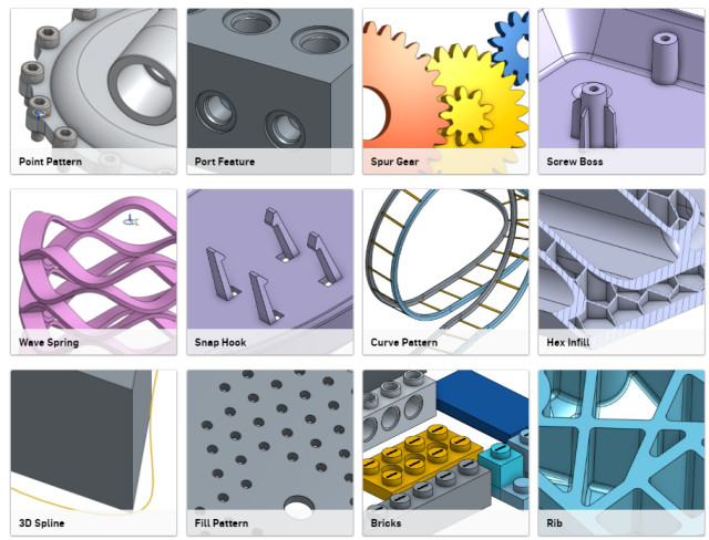Twelve of the 14 features developed by users with FeatureScriptareinitially available to all users. (Image courtesy of Onshape.)