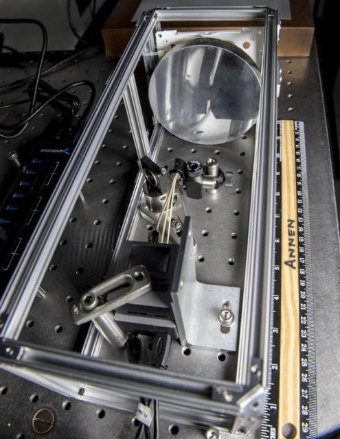 This laboratory breadboard is being used to test the conceptual telescope for use on CubeSat missions. (Image courtesy of NASA/W. Hrybyk.)