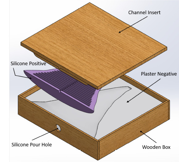 Figure 3. Franzini used SOLIDWORKS to render the mold design for her team’s award-winning biomimetic manta ray robot. Rather than using traditional hard actuators, the team used an efficient combination of pumps and pressure chambers to achieve complex motion. (Image courtesy of Gabrielle Franzini.)