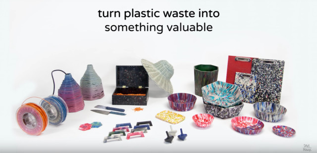 Various objects made from recycled plastic by Precious Plastic. (Image courtesy of Precious Plastic.)