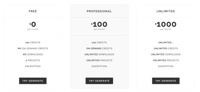 Pricing for Generate is broken down above. The Free version does not allow downloads, therefore necessitating purchase of the Professional version at the very least. (Image courtesy of Frustum.)