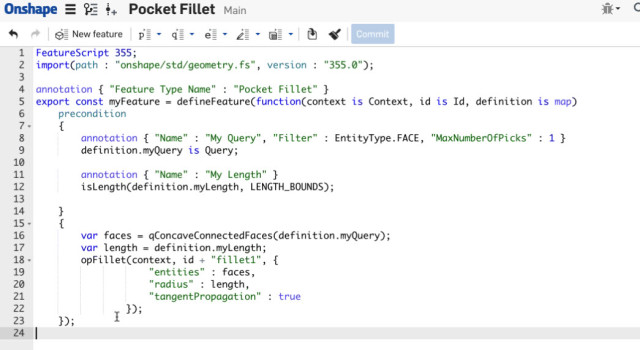 The language of FeatureScript is based on JavaScript. (Image source: Onshape.)