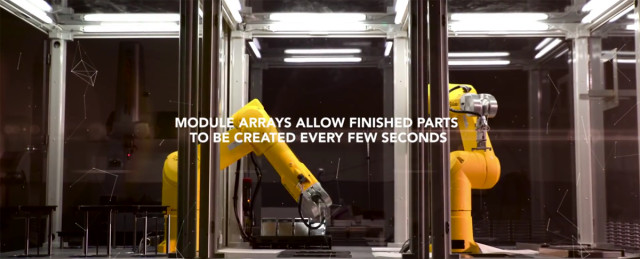 Figure 4 is modular so that multiple industrial robotic arms can work together to increase output of 3D-printed parts. (Image courtesy of 3D Systems/YouTube.)