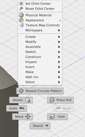 The right-click shortcut menu in Fusion 360.