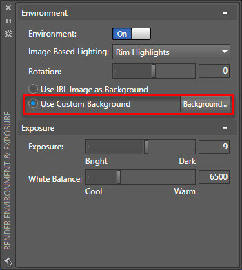 Figure 6. Render Environment and Exposure palette settings.