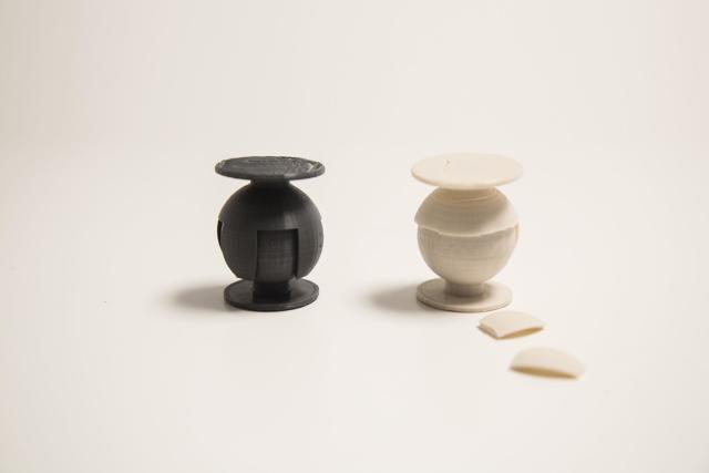 A ballsocket joint 3D printed in Tough PLA (left) and traditional PLA (right). (Image courtesy of MakerBot.)