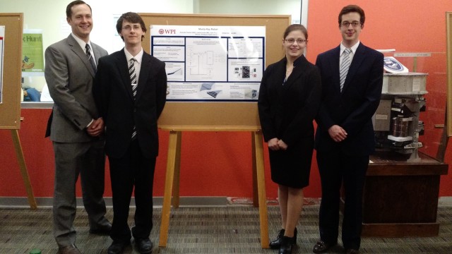 Figure 8. The award-winning WPI Soft Robotics team. Left to right: Nathan Schmidt, Joshua Fuller, Gabrielle Franzini and John Price. (Image courtesy of Gabrielle Franzini.)