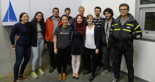 UBC Sailbot team co-captain Serena Ramley (center), with members of the Sailbot electrical sub-team. The team’s next venture will be to compete in the 2018 Vic-Maui yacht race. (Image courtesy of the UBC Sailbot team.)