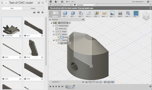 Fusion 360. File management pane on the left side and the traditional design window on the right. The feature tree is a series of breadcrumbs at the bottom of the screen.