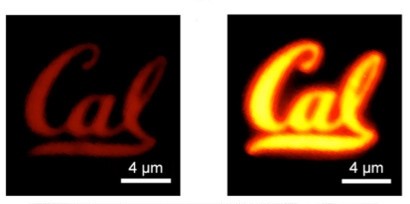 Shown is a MoS2 monolayer semiconductor shaped into a Cal logo. The image on the left shows the material before it was treated with super acid. On the right is the monolayer after treatment. The researchers were able to achieve an improvement of two orders of magnitude in emitted light with the super acid treatment. (Image courtesy of Matin Amani/UC Berkeley.)