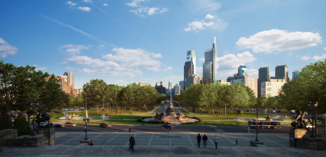 The Comcast Innovation and Technology Center, shown here as the tallest building in the skyline, was placed into the context of Philadelphia to model the effects of things like sunlight more accurately. (Image courtesy of Comcast Corporation.)