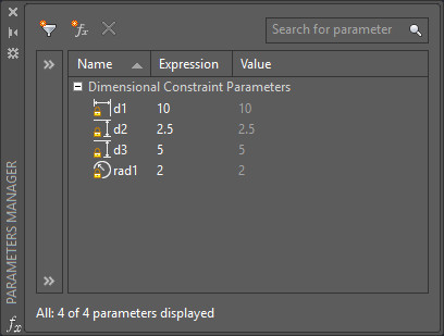 Parameters manager displaying all currently defined dimensional constraints.