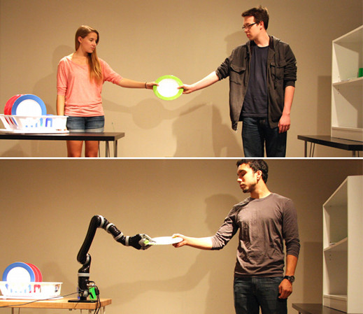 First studied were human-to-human handovers (top). Human-to-robot handovers followed, using a Kinova Mico robot arm.