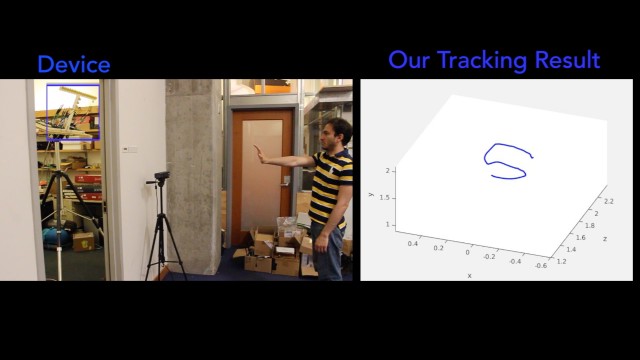 By tracking the subject's silhouette, the device can trace his hand as he writes in the air. (Image courtesy of Fadel Adib/CSAIL.)