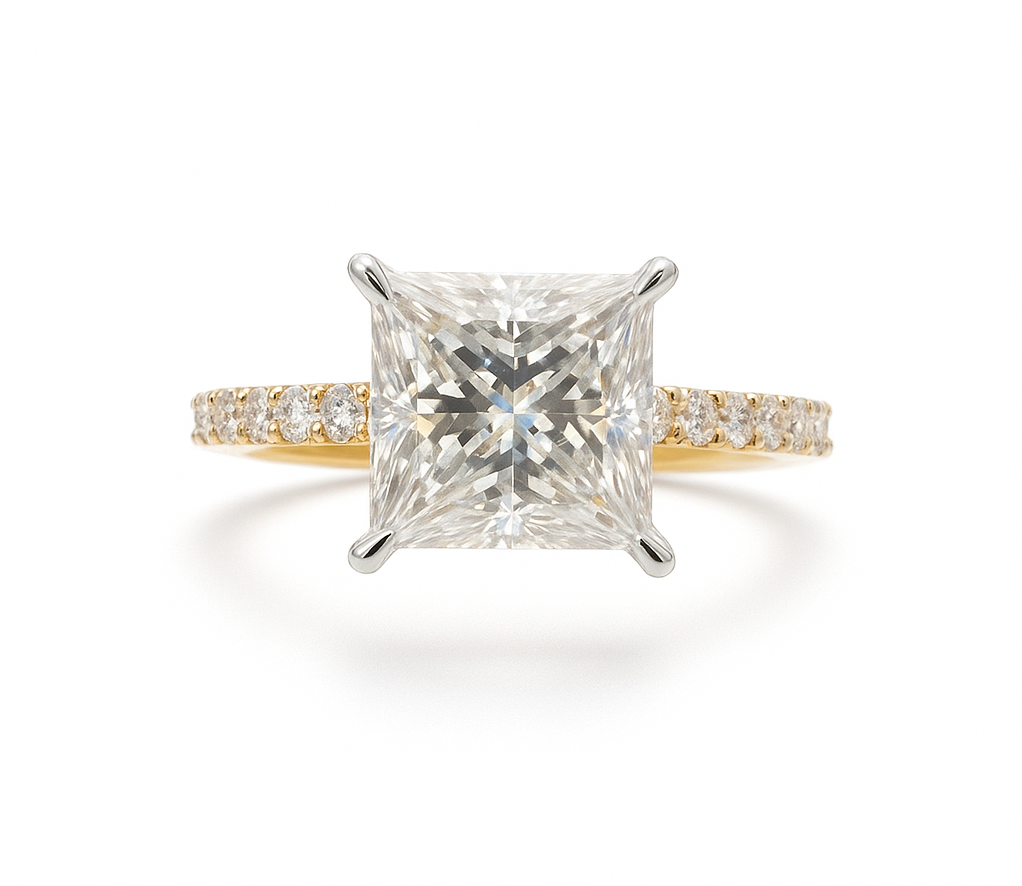18K Yellow and White Gold 5ct Princess Cut Moissanite Ring - Main View
