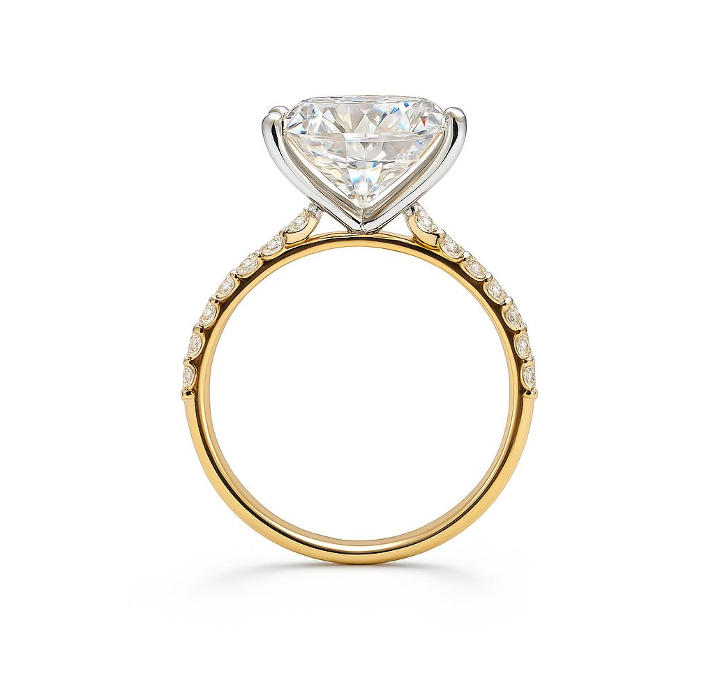 18K Yellow and White Gold 5ct Princess Cut Moissanite Ring - Side View