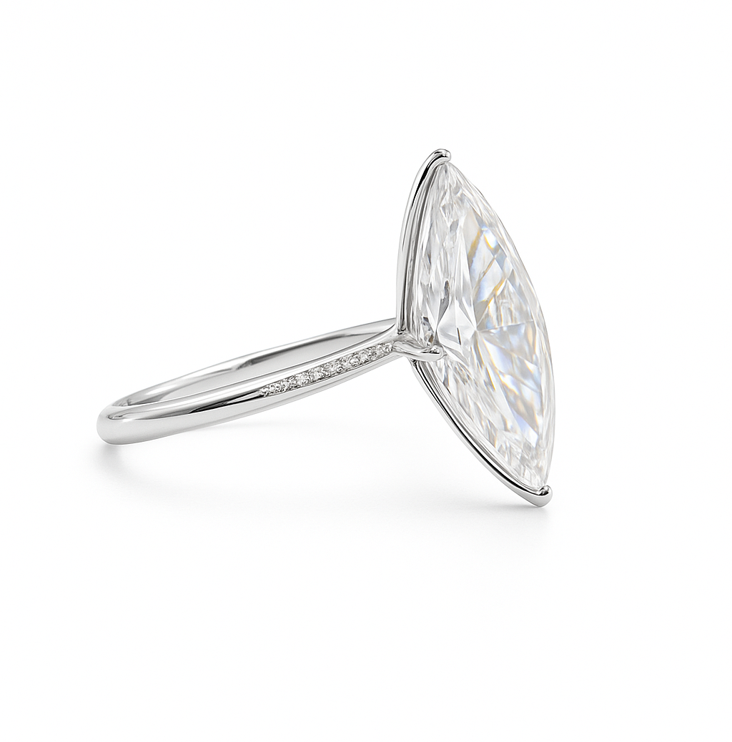18K White Gold 6ct Marquise Cut Moissanite Solitaire Ring - Profile View