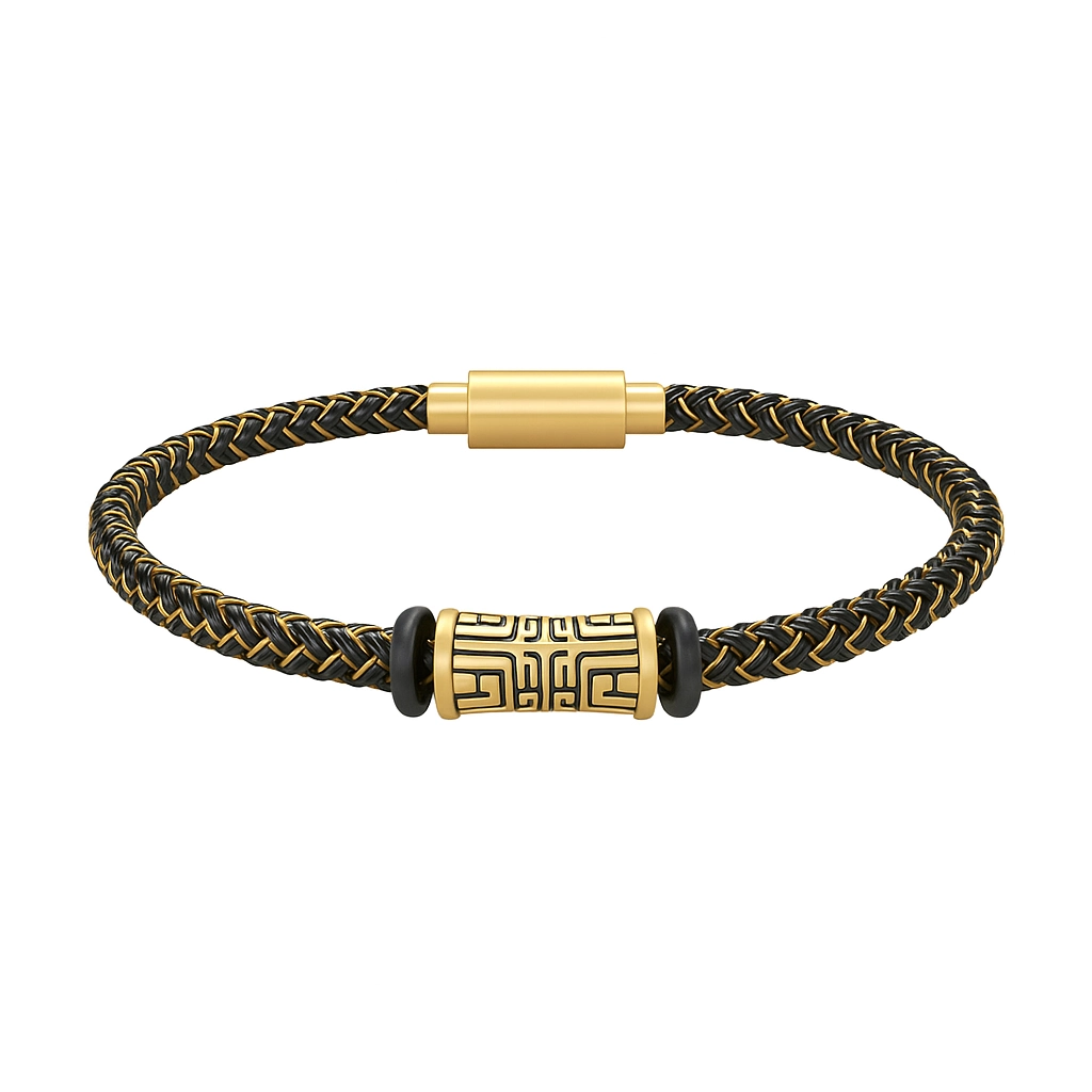 Close-up of woven bracelet texture with shiny gold bead detail