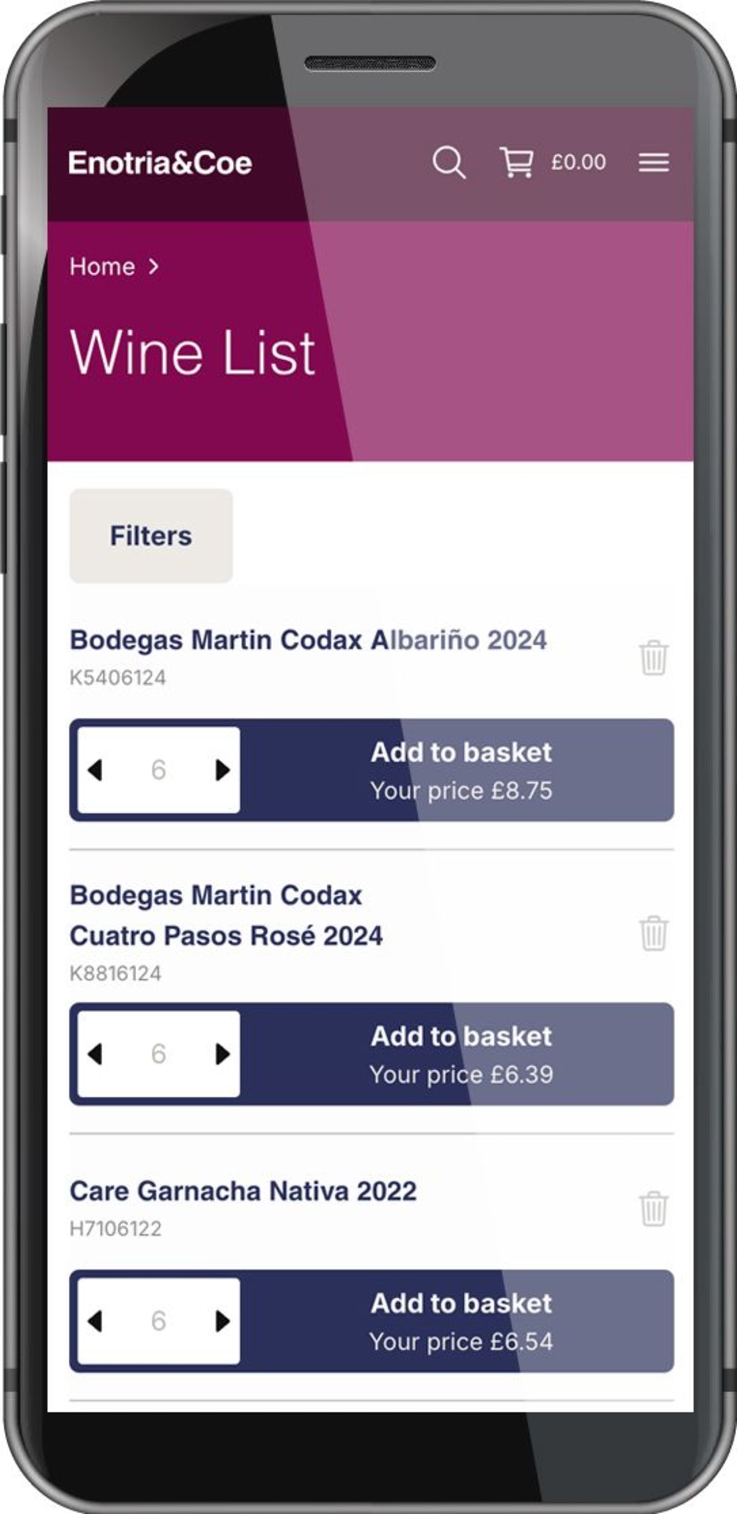 An image of the Wine List page on a mobile phone