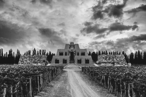 A black and white photo of Catena Zapata's world famous winery in Mendoza, Argentina.