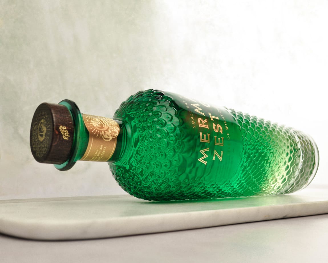 Mermaid Zest gin bottle on side