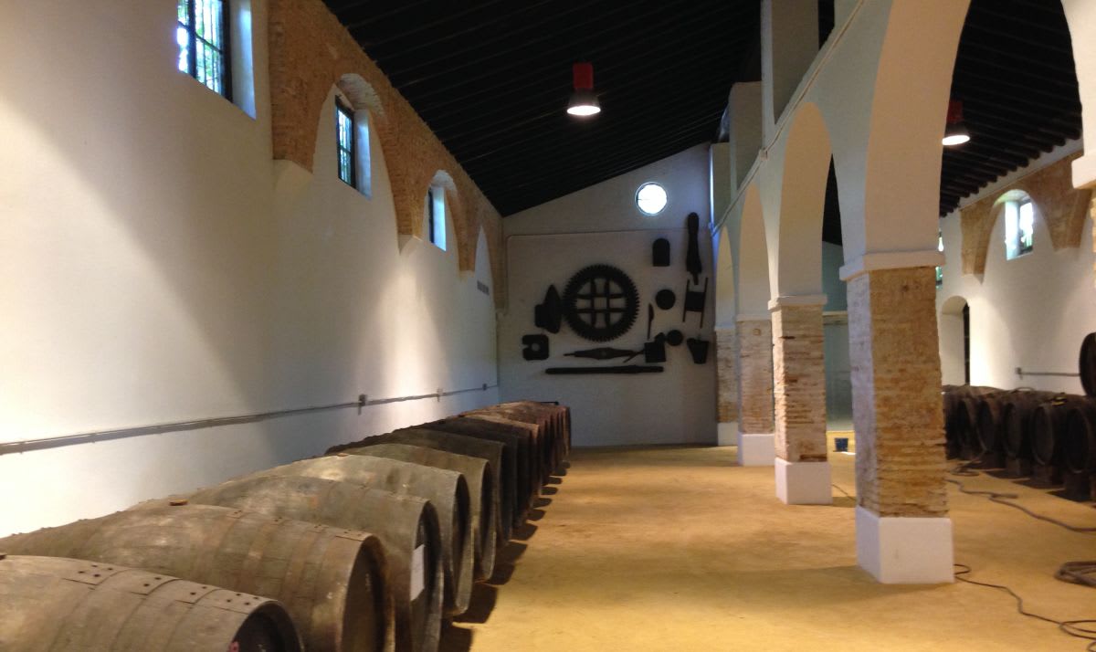 Cellars of Fortified wines in barrels of Jerez in Spain