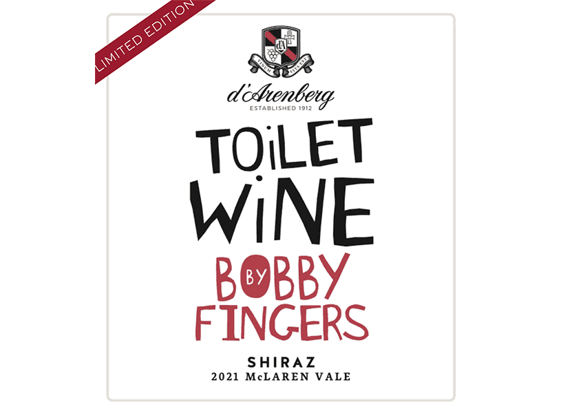 The label of d'Arenberg's Toilet Wine by Bobby Fingers 2021