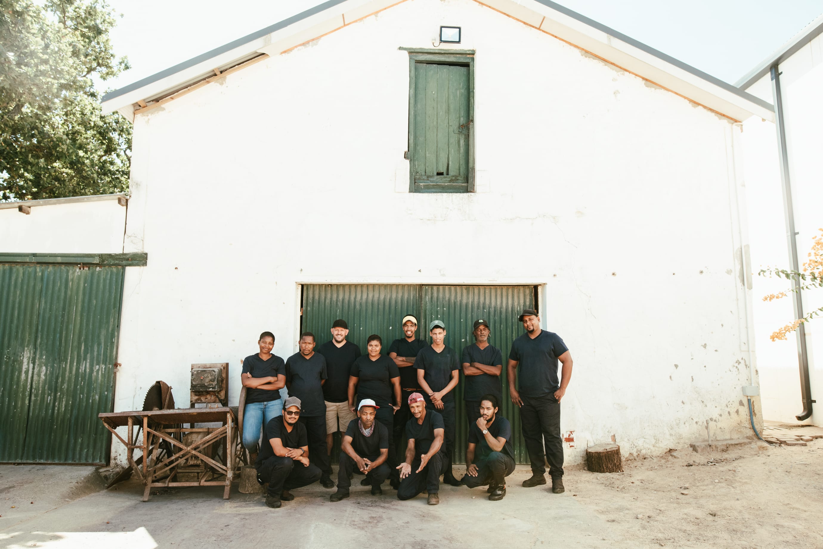 Vineyard staff at Man family wines outside the winery shed