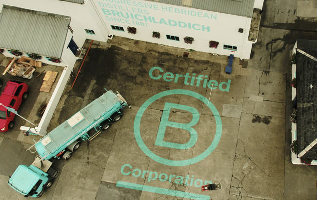 Bruichladdich have a b corp logo in their yard Bruichladdich have a b corp logo in their yard